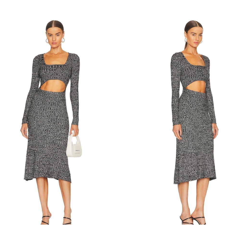 AFRM Skye Cutout Midi Dress Size S Ribbed Knit Long Sleeve Black White Marl